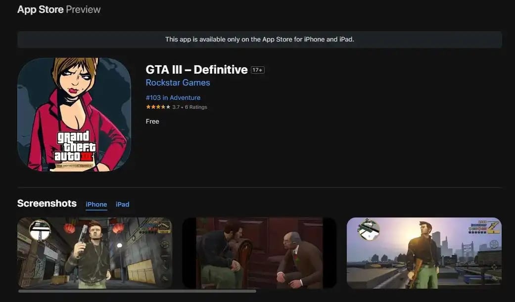 GTA 3 Definitive Edition briefly goes free on App Store due to bug